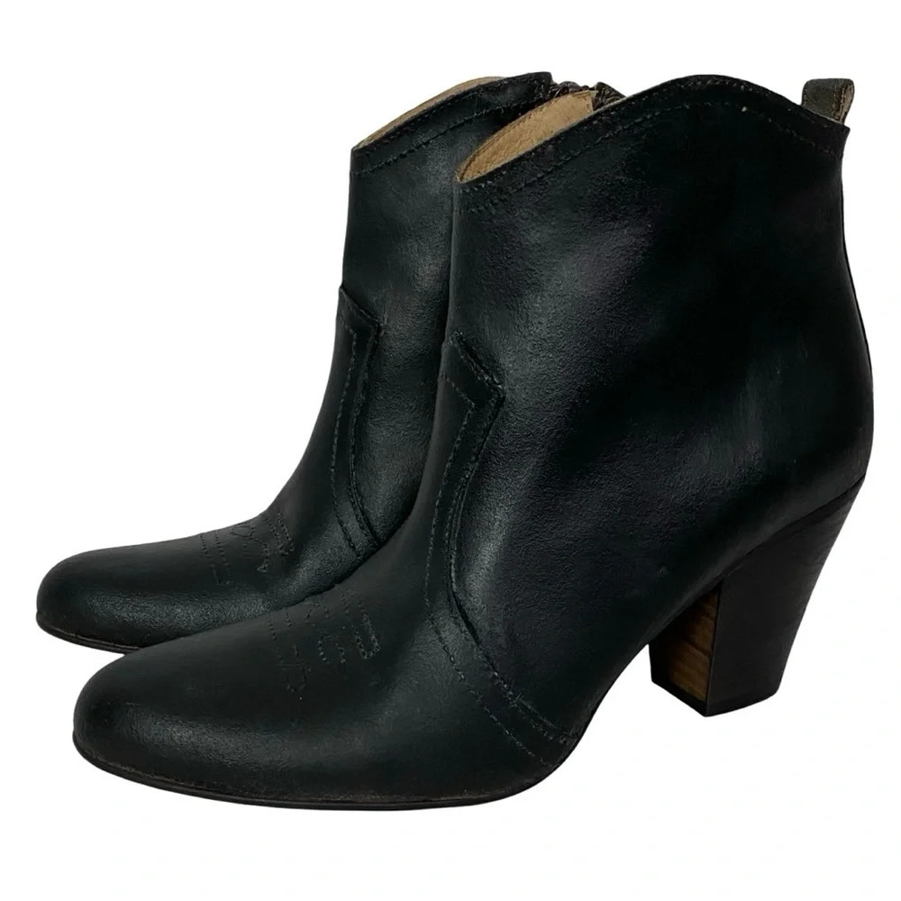 Women's Black Leather Ankle Booties - Classic Block Heel